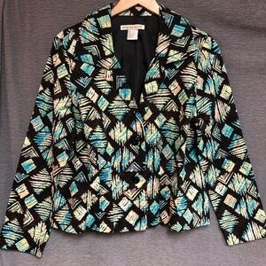 Requirements, large jacket, brown teal, lime, white green geometric design
